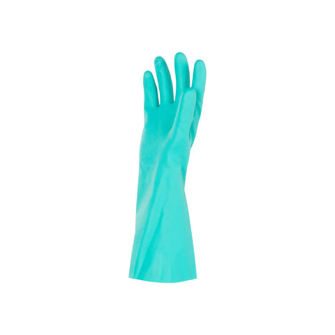 Single green glove from G80 Nitrile Chemical Resistant Gloves 2XL 13 Inch 15 Mil Green With Textured Fingertips For Superior Grip EN374 Certified