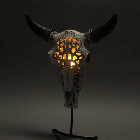 Southwestern Style Steer Skull Resin Wall Sconce Or Table Lamp With Removable Metal Stand And LED Bulb Western Decor For Home Or Office Cowboy Chic Rustic Vibe 11.5 Inches High on stand