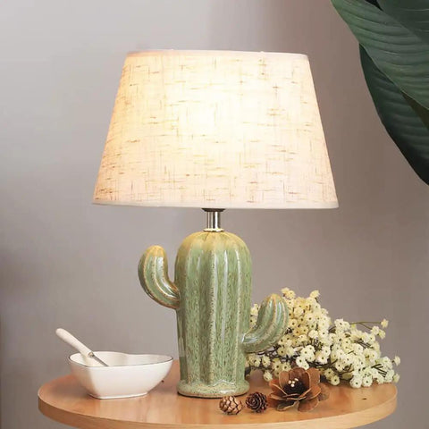 Cactus Desk Lamp With Fabric Lampshade And Sturdy Ceramic Base, Modern Bedside Nightstand Light For Bedroom Or Living Room, E26 Socket