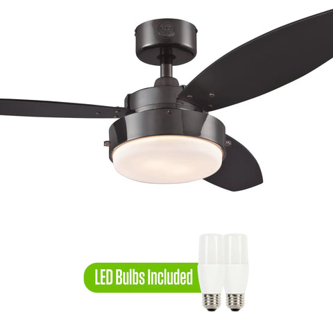 Indoor 42 Inch Ceiling Fan With Light In Gun Metal Finish, Reversible Black And Graphite Blades, Opal Frosted Glass Light Kit, Two 8W LED Bulbs