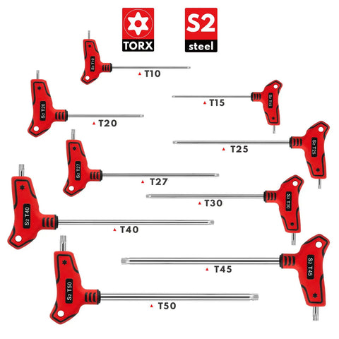 Nine Piece T Handle Torx Wrench Set Tamper Proof T10 To T50 Built From S2 Steel For Maximum Strength Dual Arm Design Lets You Use Short Or Long Reach In Tight Spaces Heavy Duty Pro Grade Tool Set, T10-T50 sizes
