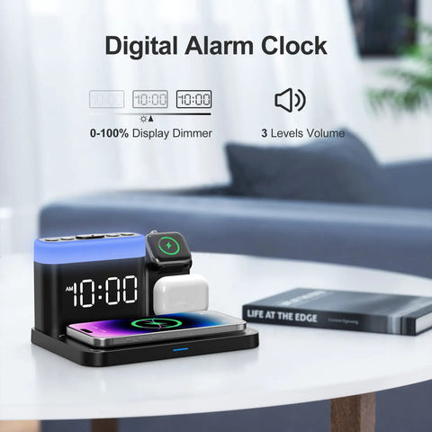 Must Have All In One MagSafe Wireless Charging Station With Alarm Clock And Night Light Five In One Dock displayed on table
