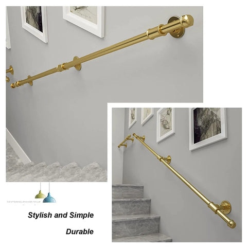 Rock Solid Wrought Iron Stair Handrail And Wall Mounted Safety Banister For Indoor Outdoor Use Heavy Duty Grab Bar With Anti Rust Coating Includes Full Hardware Kit For Hassle Free Mount Great Support For Seniors And Kids, gold finish on wall, stylish design.