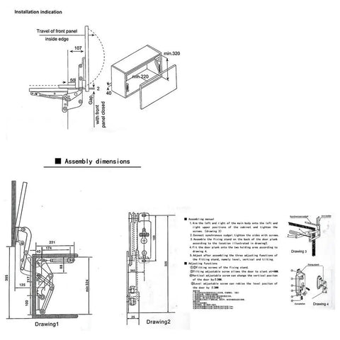 Installation guide for Space Saving Translational Lifting Cabinet Door Hinge For Overhead Cabinets with dimensions and assembly instructions