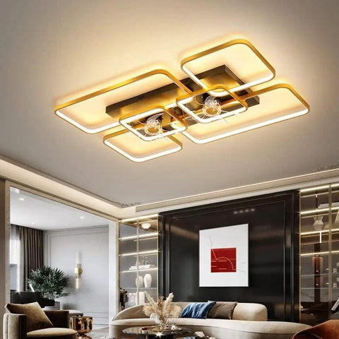 Slick Led Semi Flush Ceiling Fan Light Fixture With Remote Control And Modern Minimalist Rectangular Blades In Gold And Black Finish.