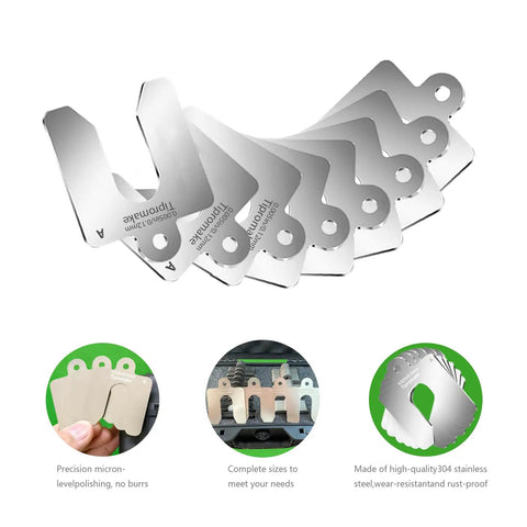 260 Piece Shim Stock Set With Storage Case 3x3 Inch Slotted Stainless Steel Shims arranged in fan, made of high-quality 304 stainless steel.