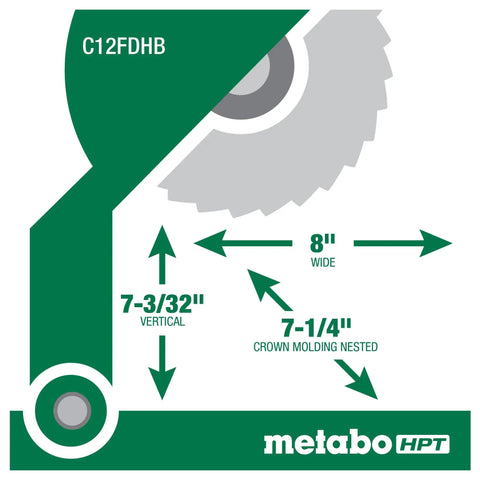 Diagram showing dimensions of 12-Inch Compound Miter Saw With Xact Cut LED Shadow Line System And Dual Bevel, 15 Amp Motor Delivers Up To 4,300 RPM