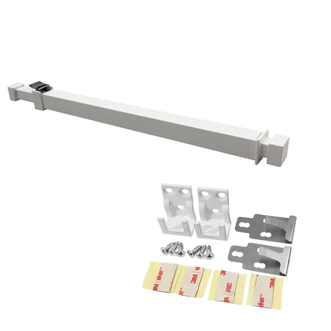 Extendable Aluminum Window Security Bar With Childproof Anti Lift Lock For Sliding Windows And Patio Doors White 15.7 to 26.75 inches shown with mounting hardware