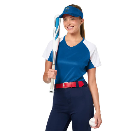 Funny Forklift Operator Sun Visor For Warehouse Crew Adult One Size Royal Blue on person wearing blue sports outfit with baseball bat.