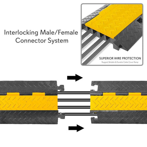 Heavy Duty Cable Protector Ramp Cover With Flip Open Top For Indoor Outdoor Use 4 Channel Cord Protection Waterproof Holds Up To 33000lbs Per Ramp 31.5 By 16.1 By 3.14 Inches 2 Pack Black And Yellow showing interlocking system