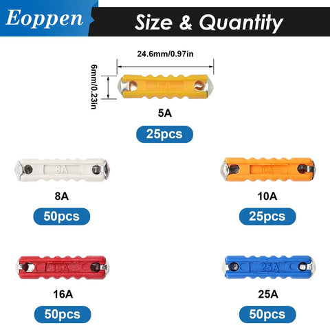 Top Shelf 200 Piece Torpedo Blade Fuse Assortment Kit With 5A 8A 10A 16A And 25A Amps showing fuses sizes and quantities.