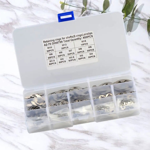 External Stainless Steel Retaining Ring Kit 400Pcs M1.5 To M15 E Shaped Snap Rings Set in plastic box on table