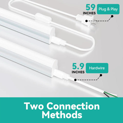 4Ft LED Shop Lights 6 Pack 2000LM 6500K Ultra Bright White T5 Commercial Lights 20W Linkable Utility Fixtures plug and play options.