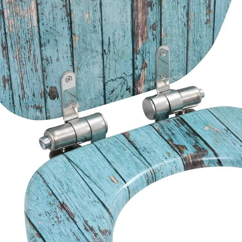 Built Tough Smooth Soft Close Toilet Seat Set Featuring Rustic MDF Wood Finish And Rock Solid Zinc Hinges, close-up of hinges and wood grain detail.
