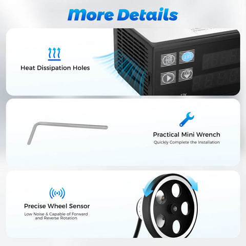 Workhorse Digital Length Meter Counter with Smooth Rolling Measuring Wheel, heat dissipation holes, mini wrench, precise wheel sensor details.
