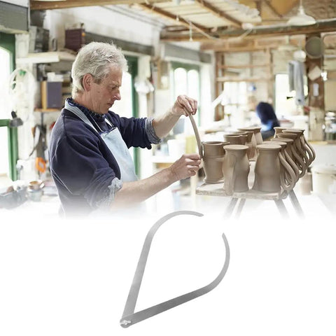 Straight Up Stainless Steel Pottery Caliper Kit for checking clay wall thickness and opening diameter in a pottery studio.