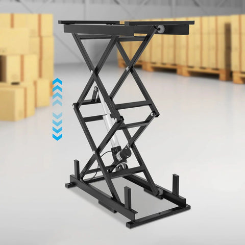 Rugged Electric Scissor Lift Table Supporting A Hardworking 140 Pound Load With Buttery Smooth Ten Point Four To Fifty Inch Vertical Travel For Weekend Warriors, showcasing adjustable height mechanism.