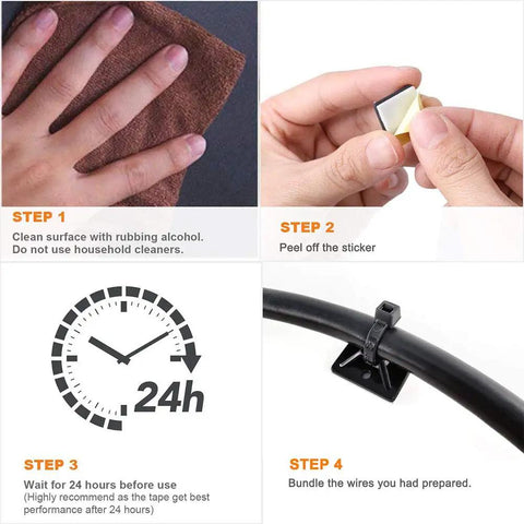 Step-by-step guide using Self Adhesive Wire Clips And Cable Zip Tie Mounts Three Quarter Inch With Six Inch Zip Ties Black Outdoor UV Protected