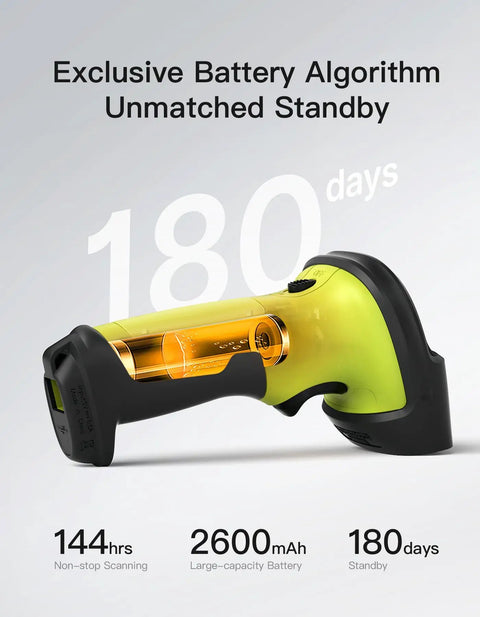 Close-up of Bluetooth 2D Barcode Scanner showing battery life, 2D Barcode Scanner Bluetooth Enabled For Fast And Accurate Scanning Of Code 128 QR EAN 13 Data Matrix And More No Brainer AI App And SDK Support 180 Days Battery Life Works With iOS Android And Windows