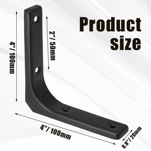 Bad Ass Black Heavy Duty Wall Mount Shelf Brackets 4 Inch L-Shaped Steel Brackets shown with measurements 4" x 2".