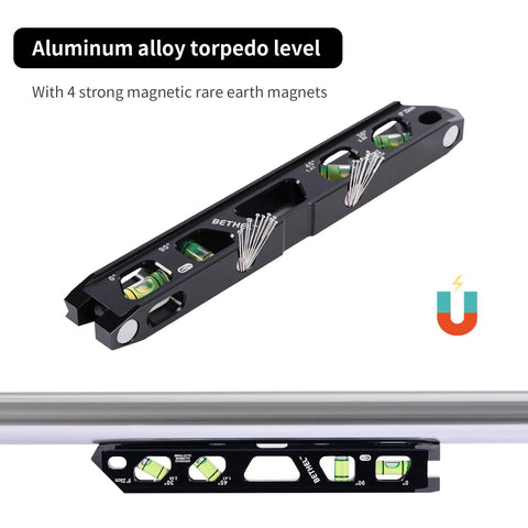Pro Grade 9 Inch Magnetic Torpedo Level featuring four crisp bubble vials and strong magnets on aluminum alloy.
