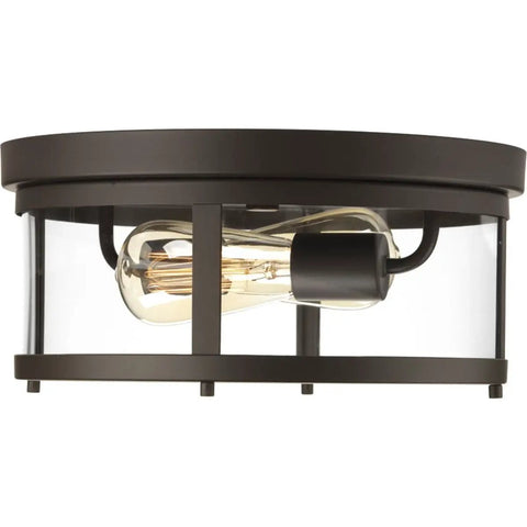 Two Light Outdoor Flush Mount Light In Antique Bronze With Clear Glass Diffuser, Farmhouse Vibe, weather resistant, side view