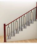 Top Shelf Square Metal Balusters And Staircase Spindles For Deck Railings 37 Inch High with black and gold brackets and red rail.