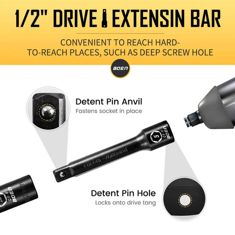 Half Inch Drive Impact Socket Set, 33 Piece Deep And Shallow Metric Socket Set From 8mm To 22mm, Includes 5 Inch And 10 Inch Extension Bars