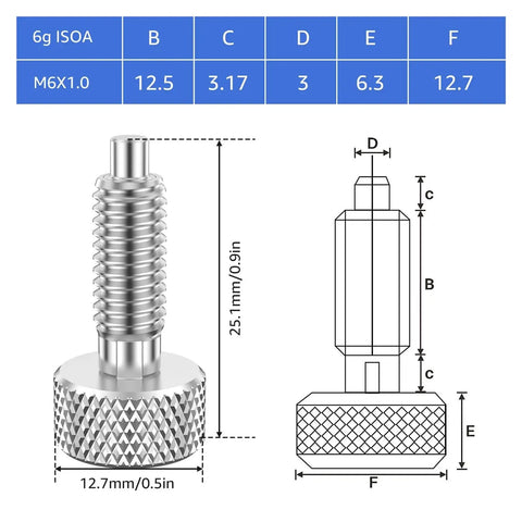 M6 Stainless Steel Retractable Spring Plunger With Knurled Grip Handle Self Locking Pin Bolt Drop Straight Into Rolling Toolboxes And Shop Rigs Heavy Duty 2 Piece Set Built Tough dimensions and detailed view.