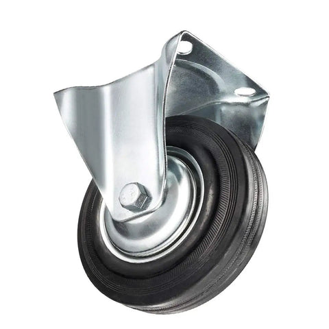Top Shelf 6 Inch Rubber Caster Wheels 4 Pack With Two Smooth Rolling Swivel And Two Rock Solid Rigid Base Units Rated For A Hefty 331 Pounds Each Perfect For Heavy Hauling Shop Gear Movement Without Marring Clean Floors Anytime, close-up view of a swivel caster with rubber tire.