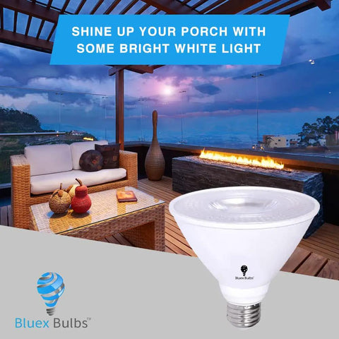 6 Pack PAR30 Short Neck LED Flood Light Bulb 10W 75 Watt Equivalent 850 Lumens Waterproof E26 Base 3000K Warm White Dimmable Flood Light Bulb For Security Outdoor Spotlight And Recessed Lighting beside outdoor seating area with fire feature.