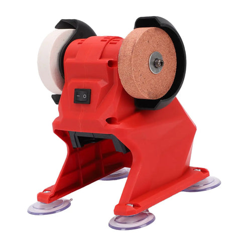 Tough As Nails 18V Cordless Mini Bench Grinder And Polisher Kit showing dual corundum wheels and red base with suction cups.