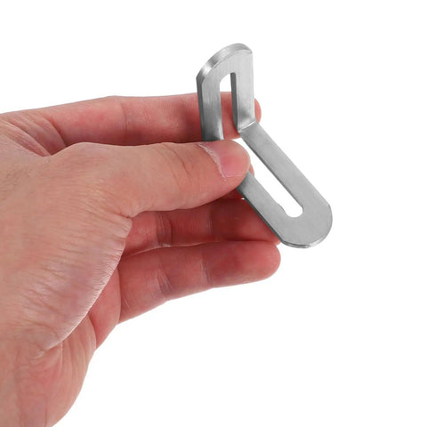 Hand holding stainless steel L shape shelf bracket for wood shelves and tables adjustable slot design for precise alignment angled corners