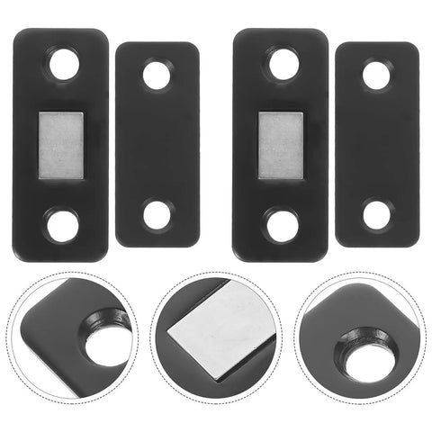 12 Pack Magnetic Cabinet Door Catches for Cupboards and Sliding Closet Doors Stainless Steel Black Metal Hardware shown close up