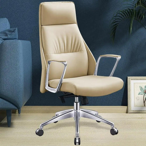 Super Comfy Ergonomic Office Chair Executive Swivel Seat With High Back Support Slick Leather Cushion in light beige with padded arms.