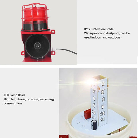 Hardhat Ready Job Site Beast With 115 Decibel Loud Horn And IP65 Waterproof LED Strobe Light For Mine Quarry Construction Emergency Sound Visual Warning Alarm Beacon with visible red strobe and black horn.