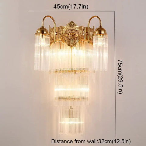 Luxe Copper Crystal Wall Sconce With Vintage Glass Rod Accent For Bedroom Entryway And Living Room Featuring Quick Install Kit, front view dimensions.