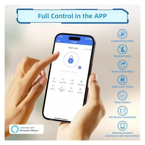 Person using the app for Top Tier Smart Door Lock With Handle And Hassle Free Keyless Entry Digital Security.