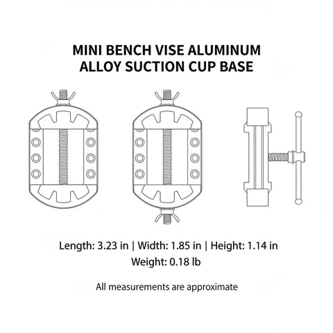 Mini Bench Vise With Aluminum Alloy Suction Cup Base, dimensions 3.23 x 1.85 x 1.14 inches, for jewelry and crafts.