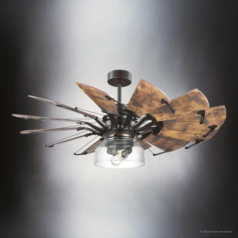 Smooth Operator Tuscan Ceiling Fan With A Slick Architectural Bronze Finish And Authentic Old World Charm Built For Cozy Living Spaces Provides Killer Airflow And Ultra Quiet Operation Indoors All Year Long, featuring wooden blades and a glass light.