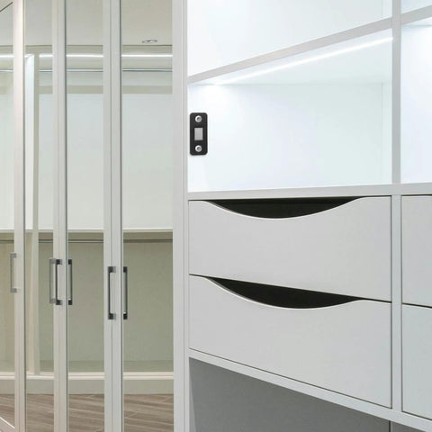 12 Pack Magnetic Cabinet Door Catches For Cupboards And Sliding Closet Doors Stainless Steel Black Metal Hardware installed on white drawers