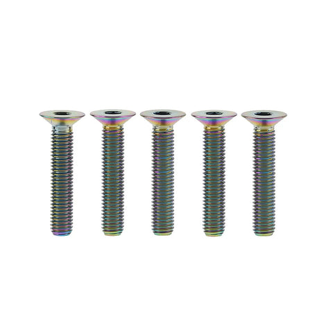 Top Shelf 5 Piece Set Of Grade 5 Titanium M6 Flat Countersunk Hex Socket Cap Bolts In Sleek Gold Finish showing five bolts with flat heads.