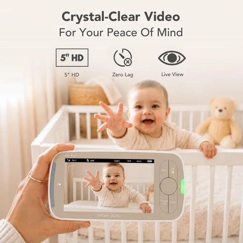 Patented Active Noise Reduction 5 Inch HD Video Baby Monitor With One Camera No Wifi Hack Proof Pan Tilt Zoom showing baby reaching out.