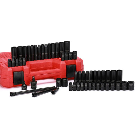 Heavy Duty One Quarter Inch Drive Impact Socket Set With Shallow And Deep Sockets 4mm To 15mm Metric SAE 6 Point CrV Steel 55 Piece with case