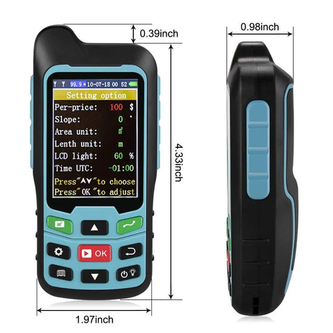 Handheld GPS GNSS Receiver for land surveying and irregular area measurement with 2.4-inch display, showing side and front view dimensions.