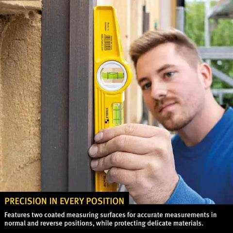 Pro Grade Six Piece Level Set With Precision Aluminum Spirit Levels Spanning Sixteen Through Seventy Eight Inches Plus Ten Inch Magnetic Torpedo used for accurate measuring on a drywall.