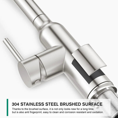 Close-up of Brushed Nickel Kitchen Faucet With Pull Down Sprayer handle and spout, showing stainless steel finish and single handle.