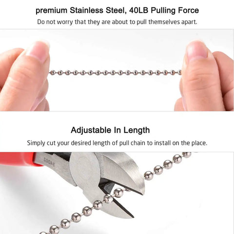 Stainless Steel Bead Pull Chain 10 Feet Heavy Duty Rustproof With 40 Lb Pulling Power 3.2mm Extension Chain Includes 10 Free Clasp Connectors Adjustable Length In Silver Six Size Options being cut with pliers.