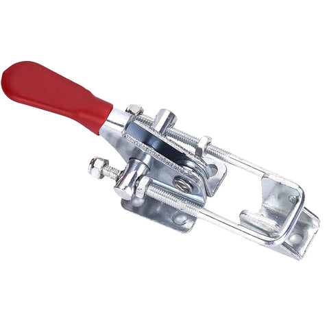 Silver Toggle Latch Clamp Set with U Bolt toggle latches showing red handle and metal body, 360 lb holding capacity, for freezers, 4.75 inch