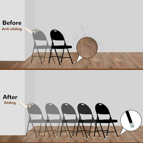 Comparison of folding chairs on hardwood floor, before and after using 36 Pack 7 Eighths Inch Folding Chair Leg Caps Heavy Duty Plastic End Caps Non Marring Glides Round Floor Protectors For Hardwood Floors Durable Non Scratch Floor Protection For Homes Offices And Restaurants Grey.